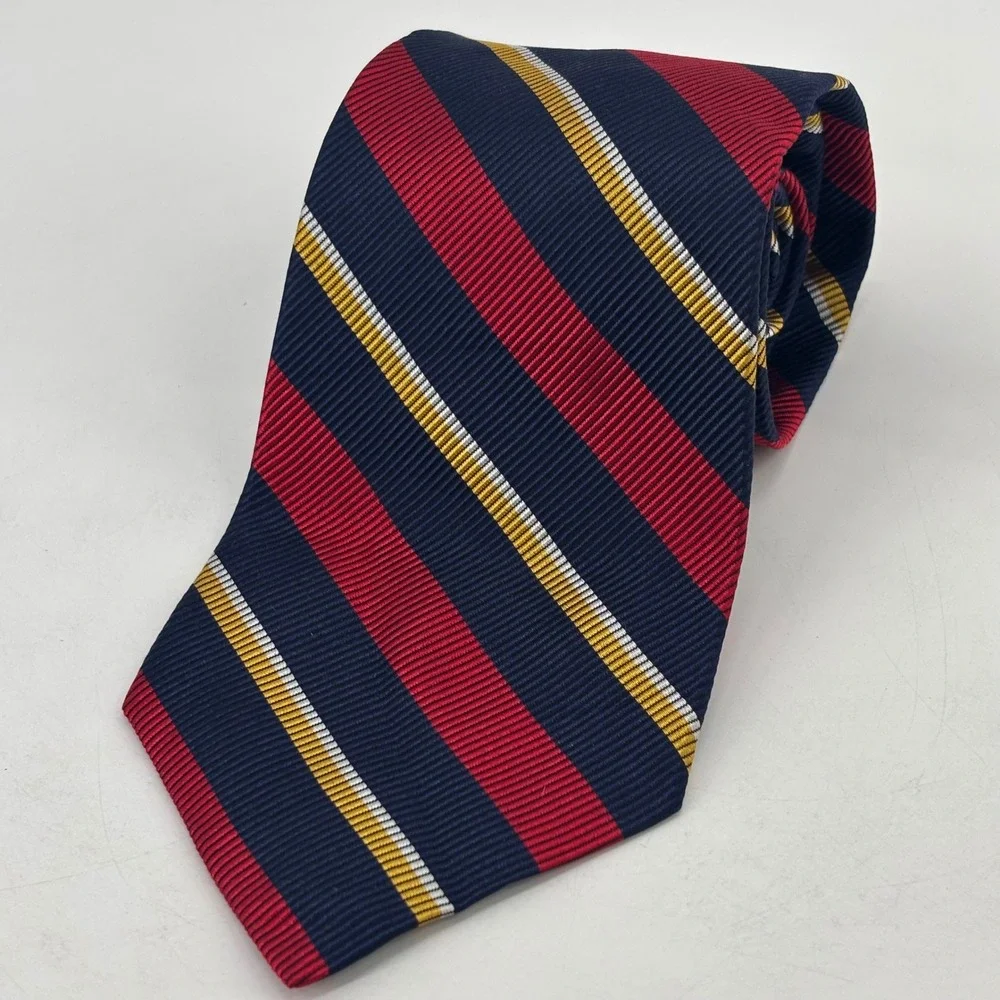 Lauren Ralph Lauren Tie Mens OS Navy Red Gold Silk Cotton Rep Stripe Made in USA